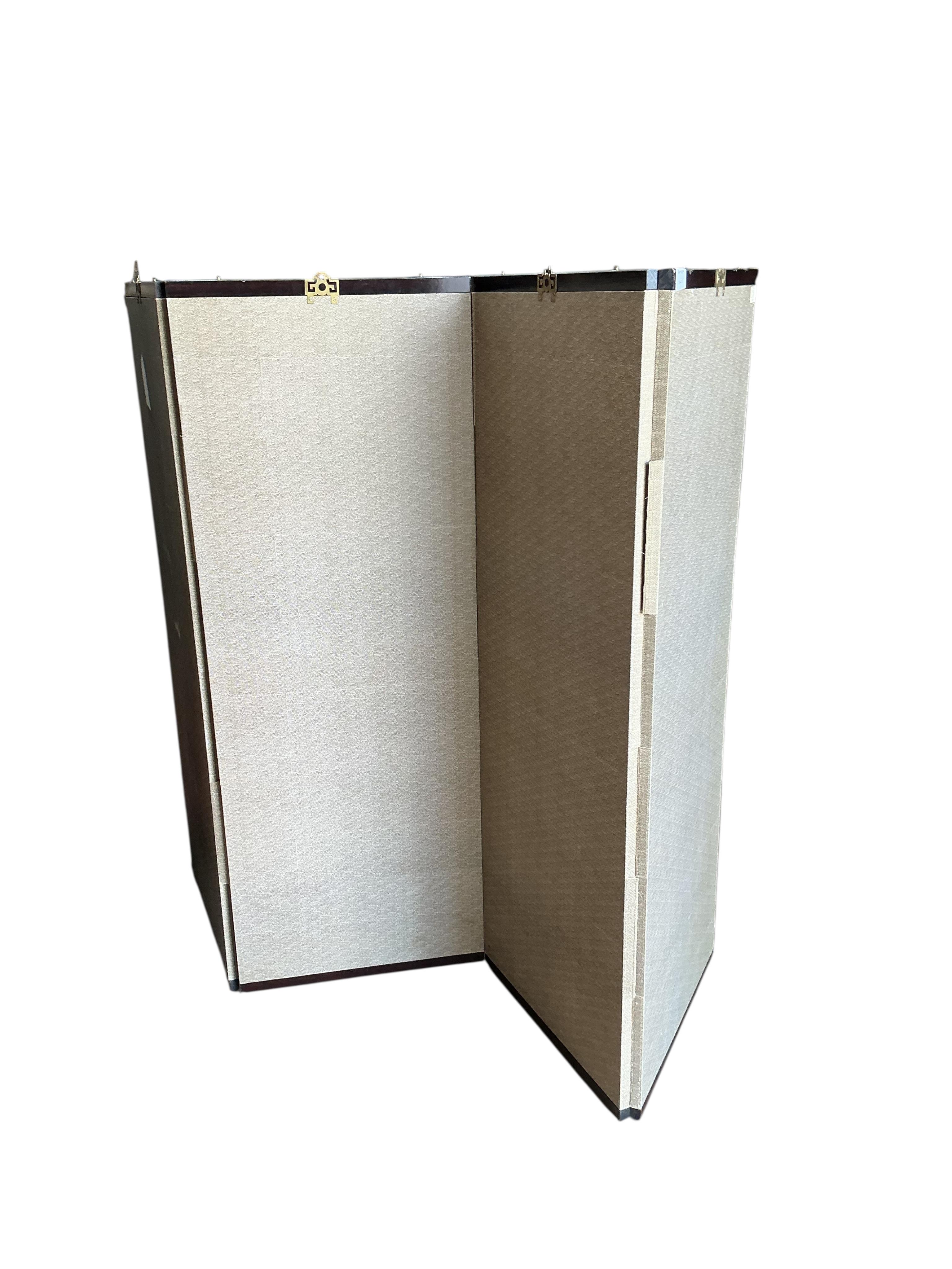 A Chinese four fold screen, each panel width 47cm, height 122cm